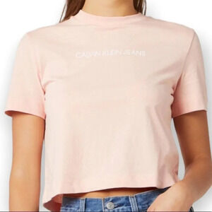 CALVIN KLEIN Crop T-Shirt Peach Pink Graphic Logo Short Sleeve Crew Baddie L